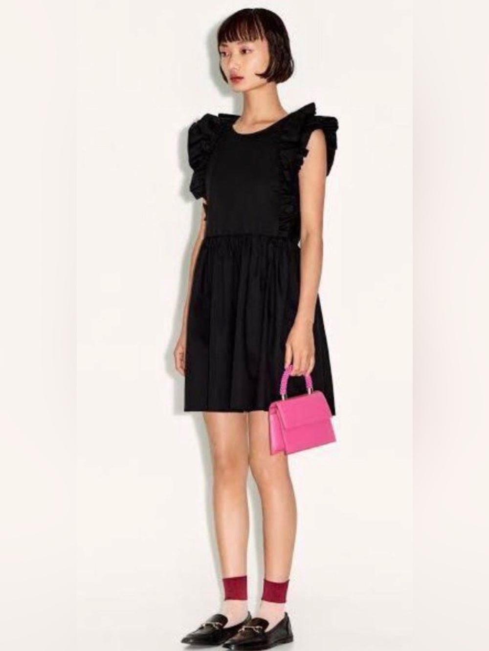 Zara Black Ruffle Sleeve Mini Dress NWT Size M Cotton Poplin